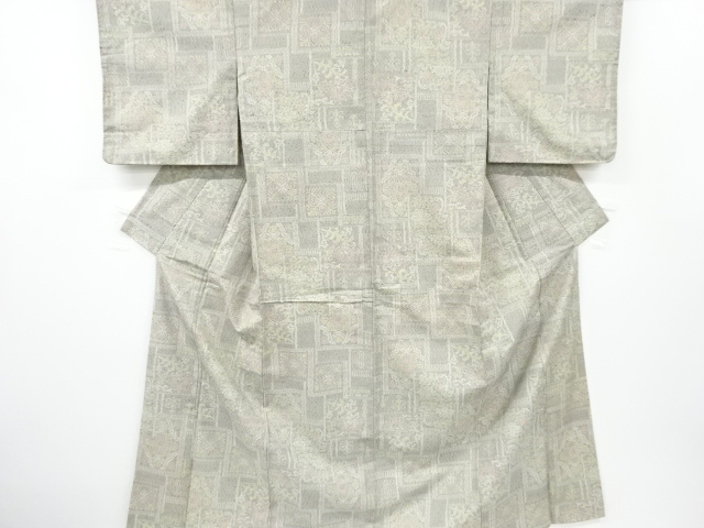 アンティーク　唐花模様織り出し手織り節紬着物